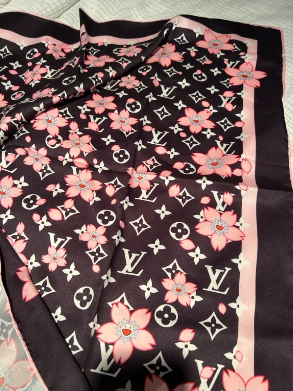 Louis Vuitton Pink & Black Floral Monogram Silk Scarf - Picture 2 of 4